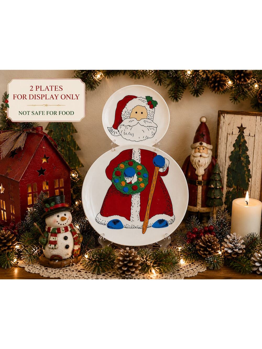 Santa Claus Decorative Plate Set 2 Pc Christmas Display 6" 8" Wall or Table
